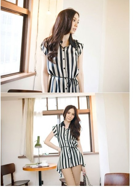 Blouse BL2132 Black White Strips +Belt