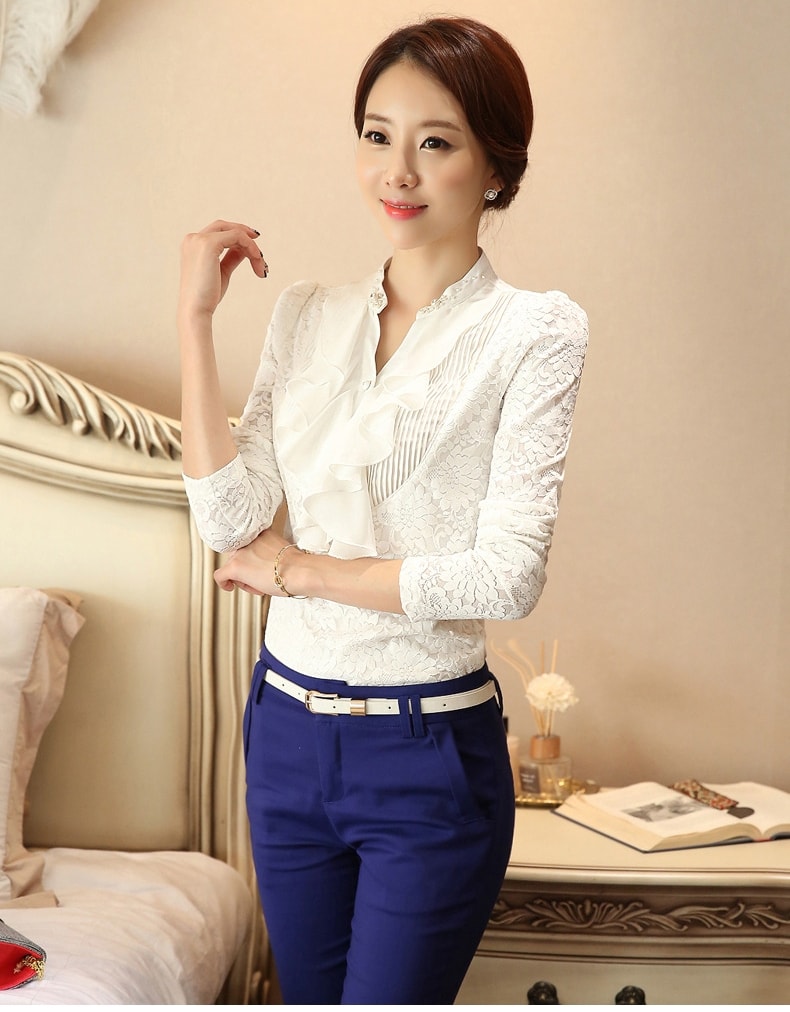 V Neck Korea Blouse Import BL3075 White