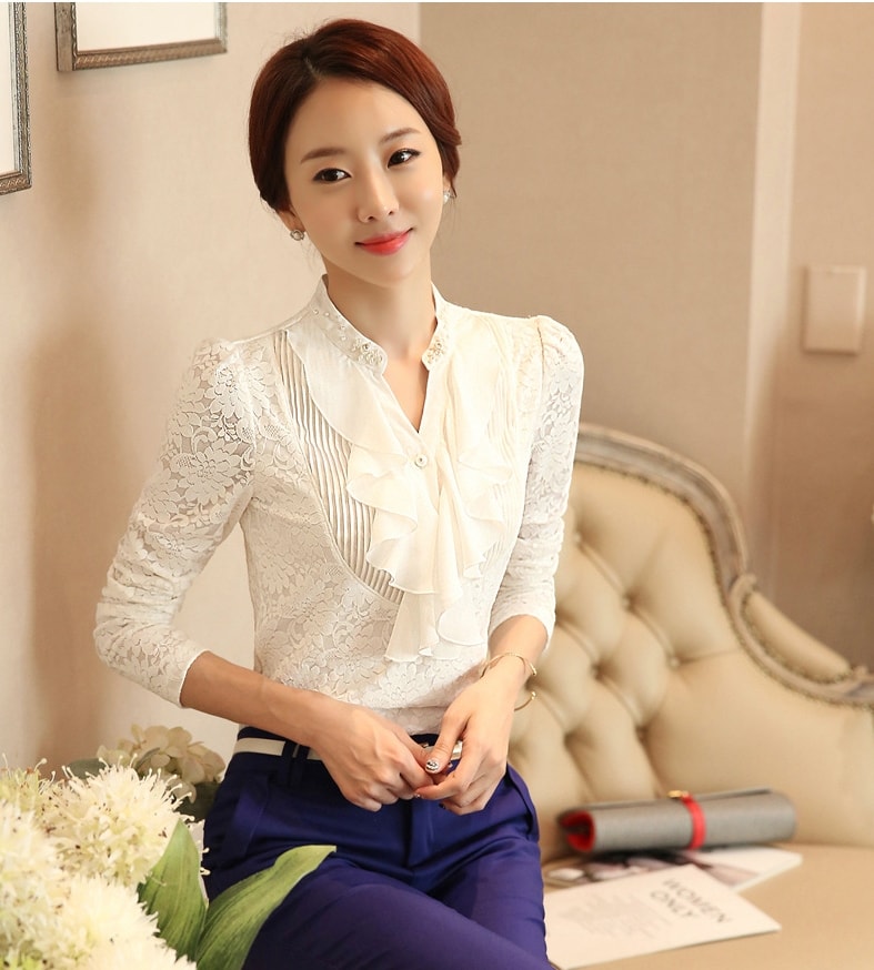 V Neck Korea Blouse Import BL3075 White