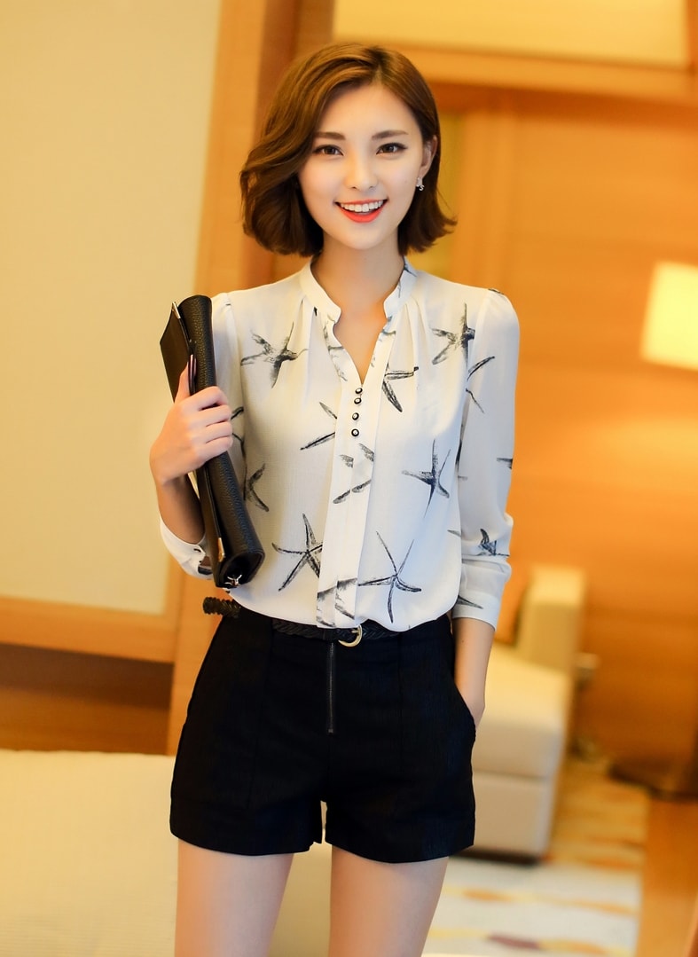 V-Neck Chiffon Blouse Import BL3134 White