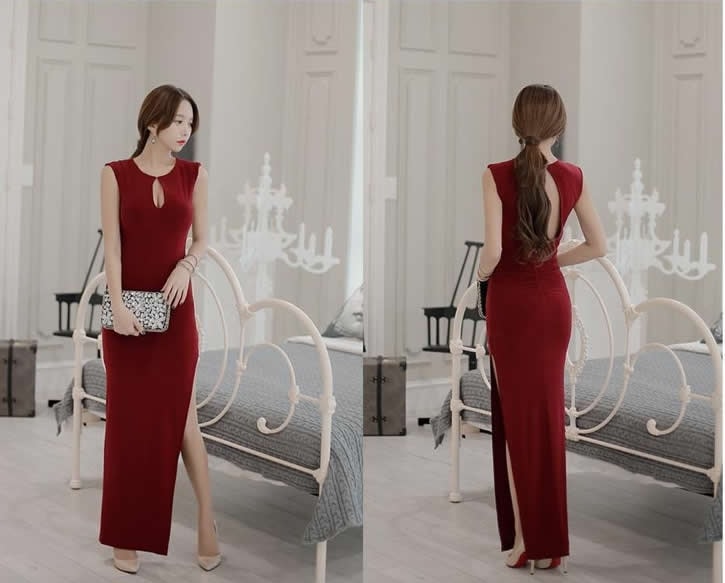 Silk Long Dress DS3886 Burgundy