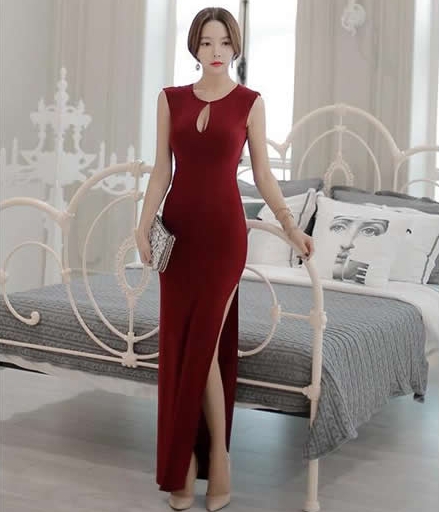 Silk Long Dress DS3886 Burgundy