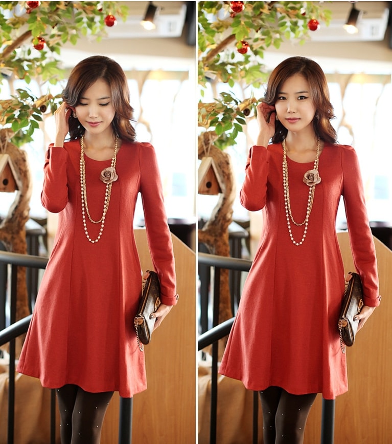 Premium korea Long Sleeve Dress DS4188 Red