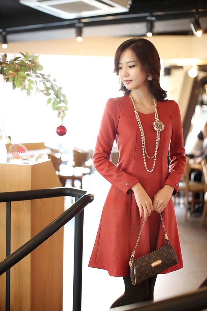 Premium korea Long Sleeve Dress DS4188 Red