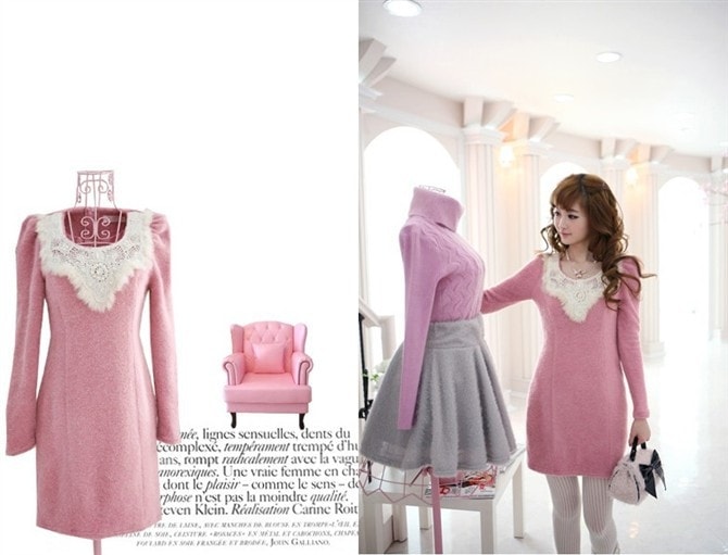 Cute Korea Long Sleeve Dress DS4192 Pink