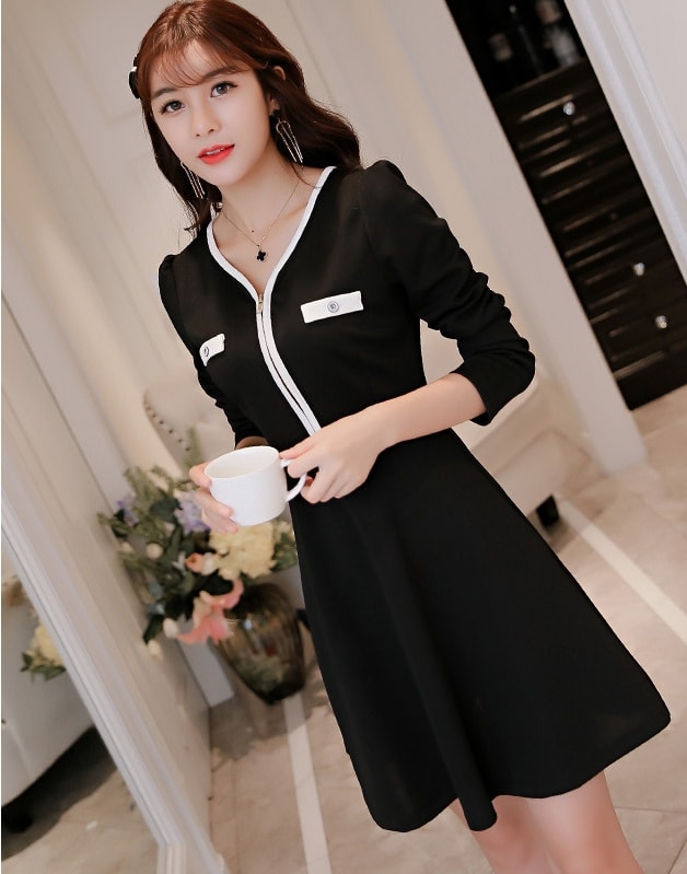 V-Neck Zipper Dress Import DS4279 Black