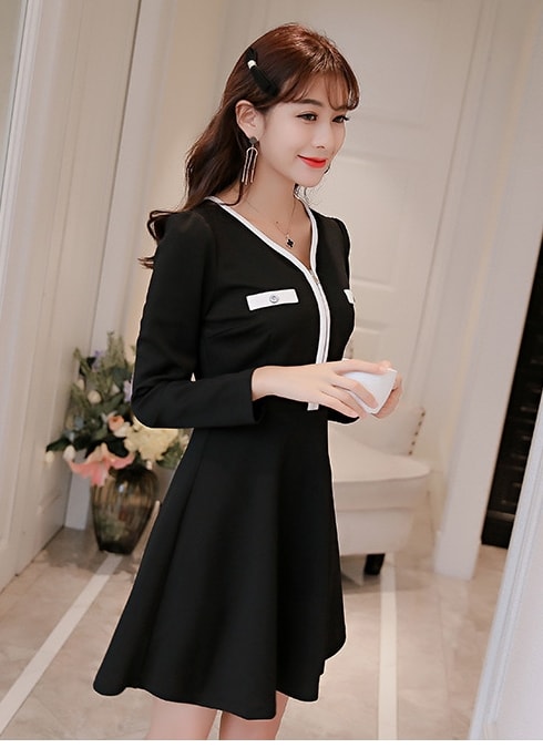 V-Neck Zipper Dress Import DS4279 Black