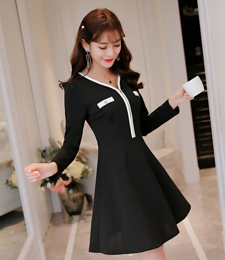 V-Neck Zipper Dress Import DS4279 Black