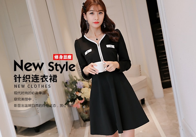 V-Neck Zipper Dress Import DS4279 Black