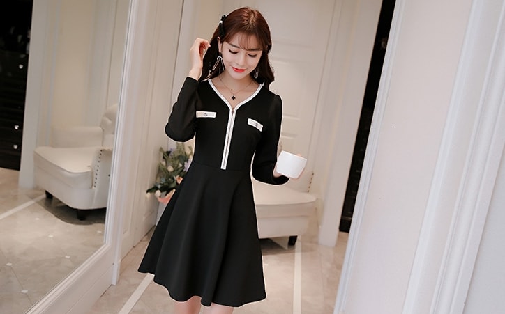 V-Neck Zipper Dress Import DS4279 Black