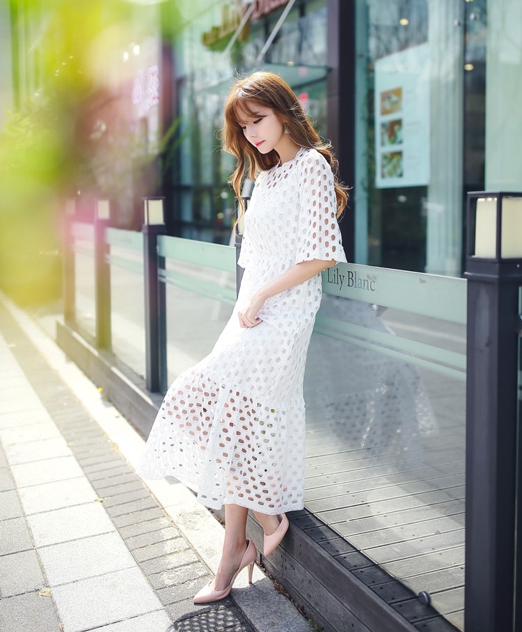 Premium Hollow Long Dress Import DS4280 White