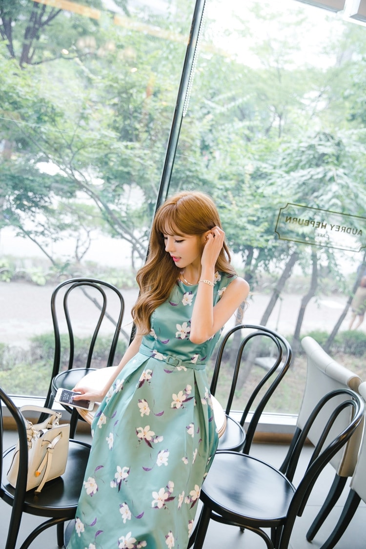 Floral Satin Maxi Long Dress Import DS4287 Green