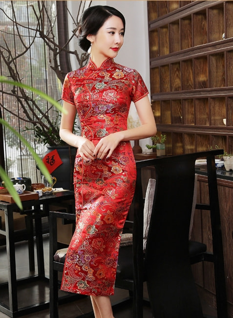 Premium Long Cheongsam Brokat DS4325 Red