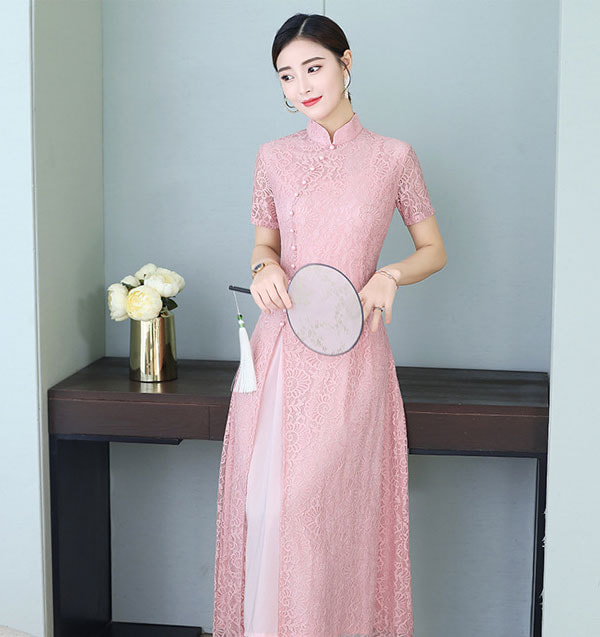 Modern Long Cheongsam Lace DS4329 Pink