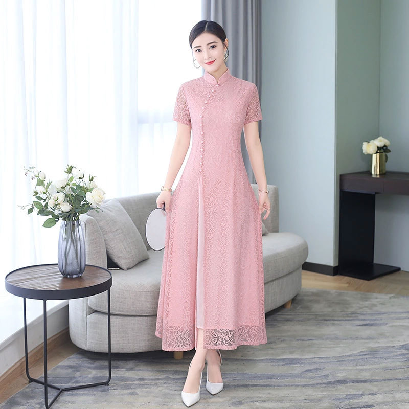 Modern Long Cheongsam Lace DS4329 Pink