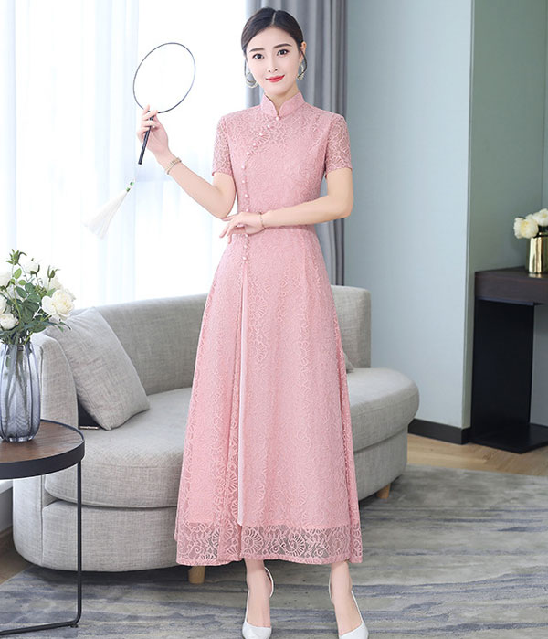 Modern Long Cheongsam Lace DS4329 Pink