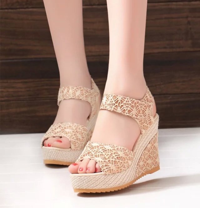 Beige Velcro Heavy Bottom Lace Wedges