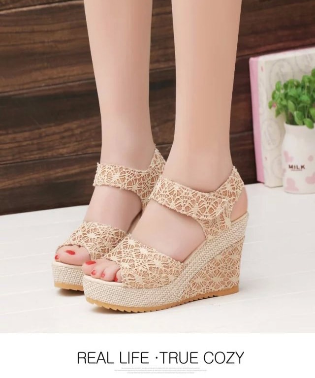 Beige Velcro Heavy Bottom Lace Wedges