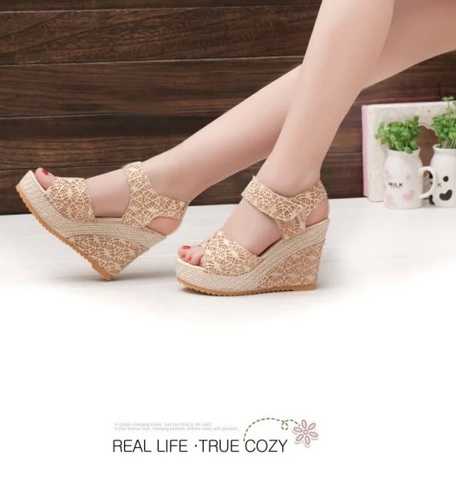 Beige Velcro Heavy Bottom Lace Wedges