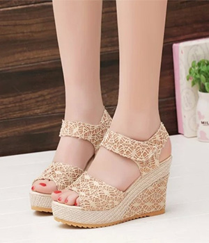 Beige Velcro Heavy Bottom Lace Wedges