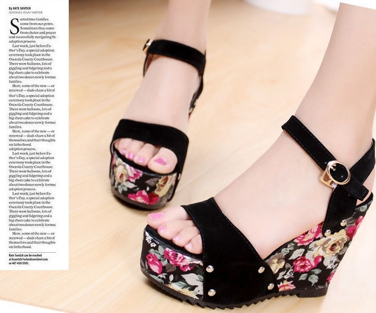 Black Bohemian Flower Print Wedges