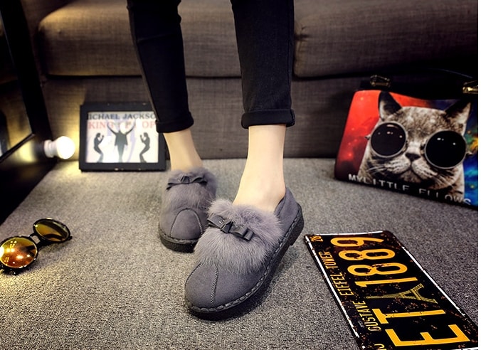 Grey Korean Bow Flat Shoes