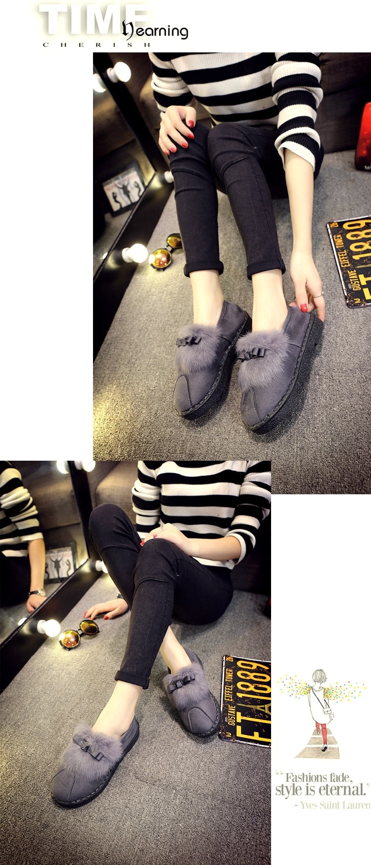 Grey Korean Bow Flat Shoes