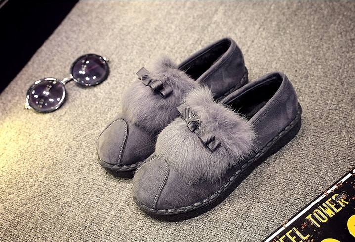 Grey Korean Bow Flat Shoes