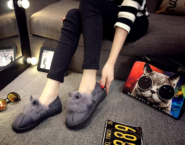 Grey Rabbit Ears Korea Flat Shoes