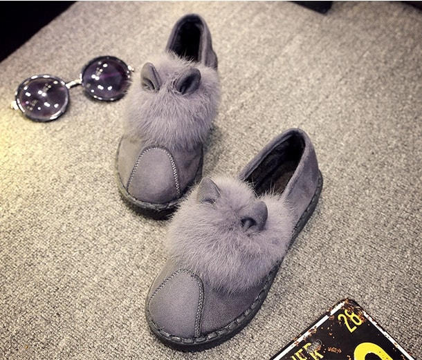 Grey Rabbit Ears Korea Flat Shoes