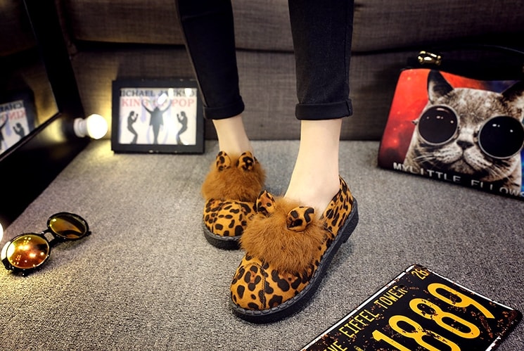 Leopard Rabbit Ears Korea Flat Shoes