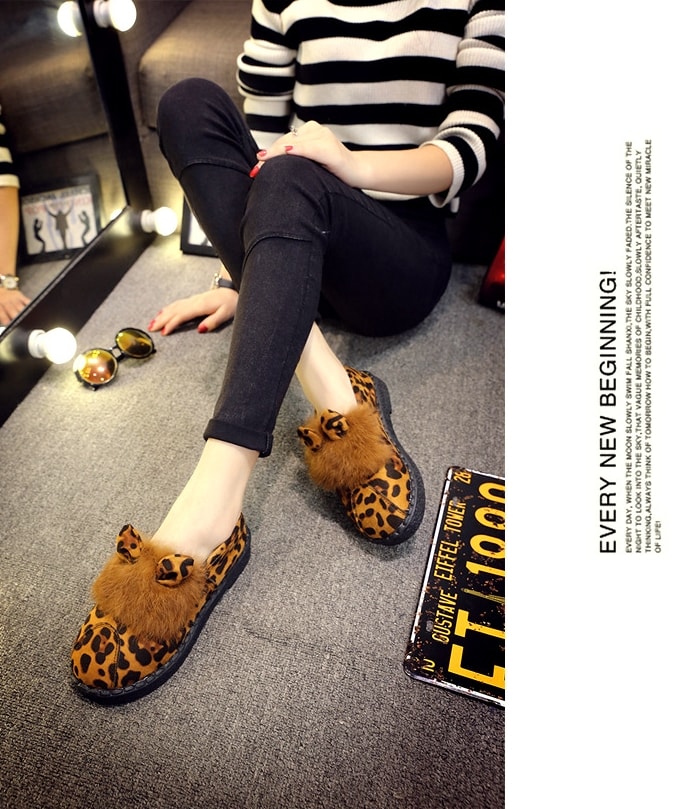 Leopard Rabbit Ears Korea Flat Shoes