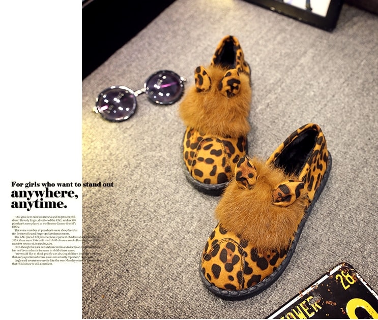 Leopard Rabbit Ears Korea Flat Shoes