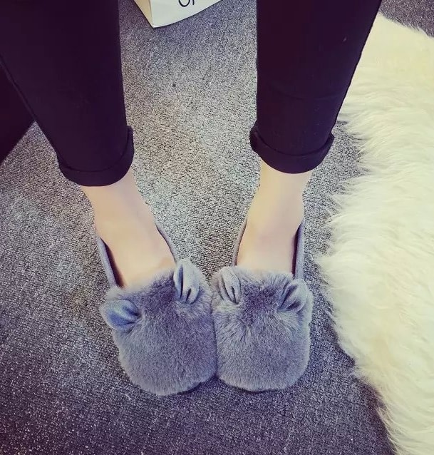 Grey Rabbit Ears Korea Flat Shoes