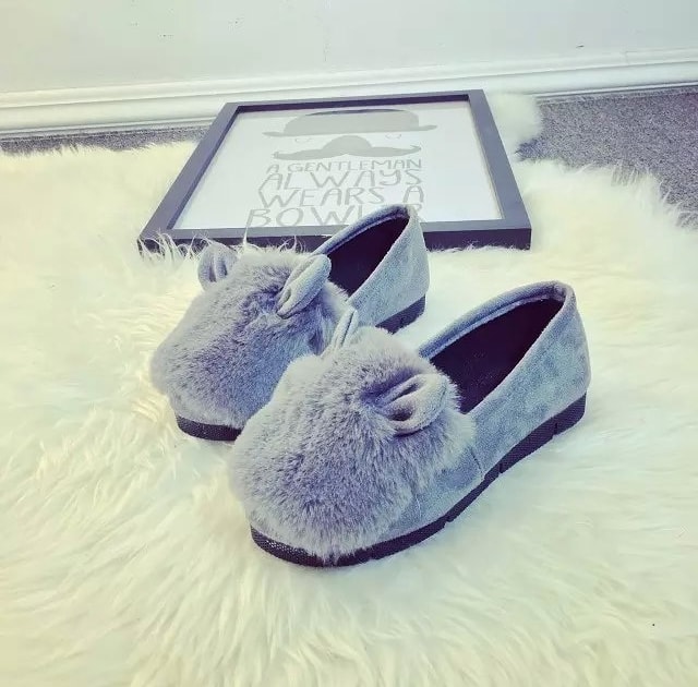 Grey Rabbit Ears Korea Flat Shoes