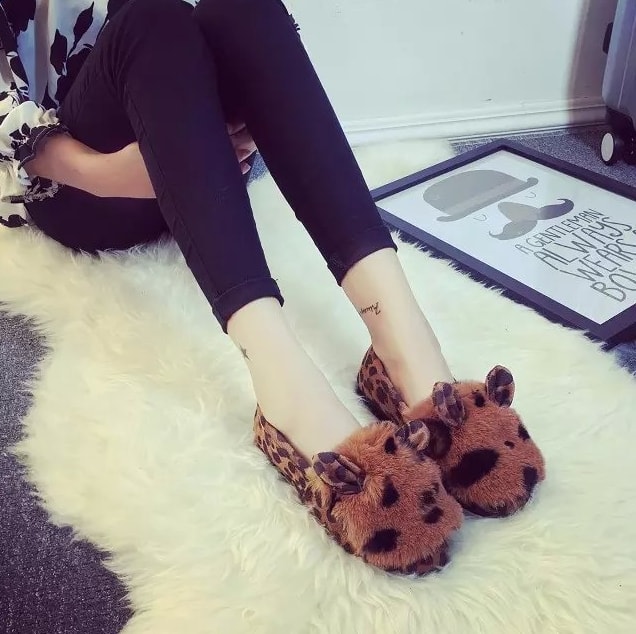 Brown Rabbit Ears Korea Flat Shoes