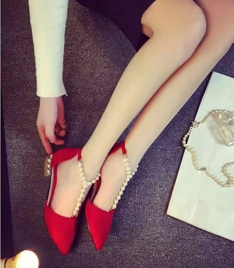 Red Korean Beaded Fashion Shoes