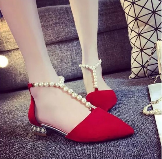 Red Korean Beaded Fashion Shoes