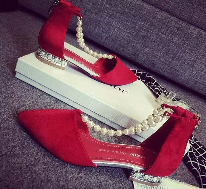 Red Korean Beaded Fashion Shoes