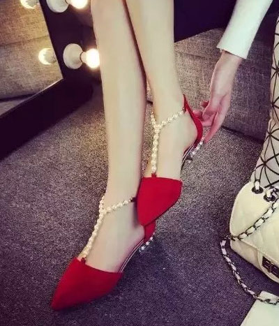 Red Korean Beaded Fashion Shoes