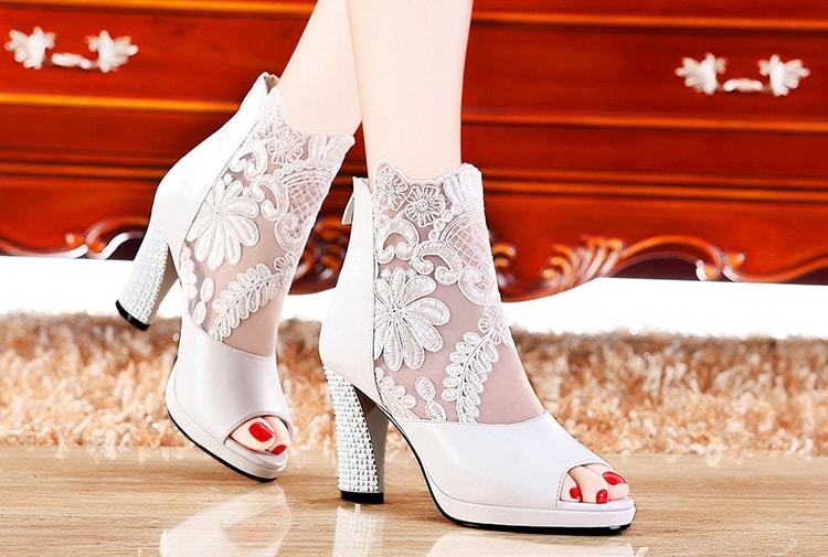 White Lace Heel Boots Moolecole Original