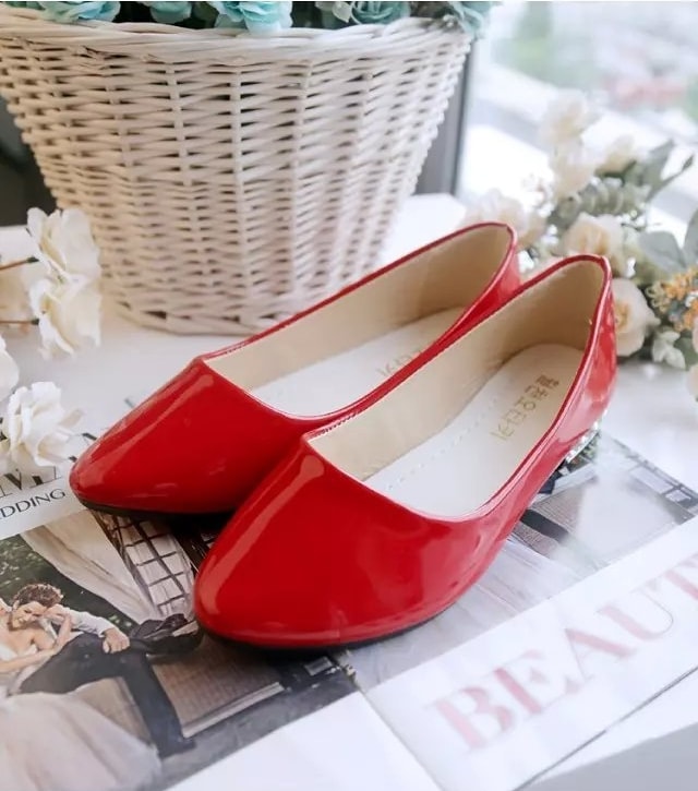 Red Korean Pointed Low Heel Shoes