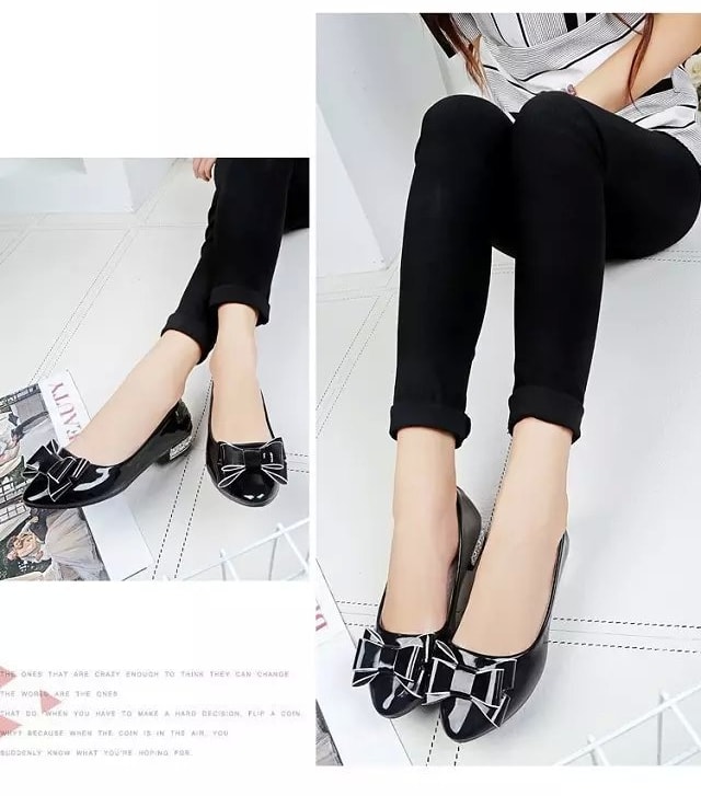 Black Korean Bow Low Heel Shoes