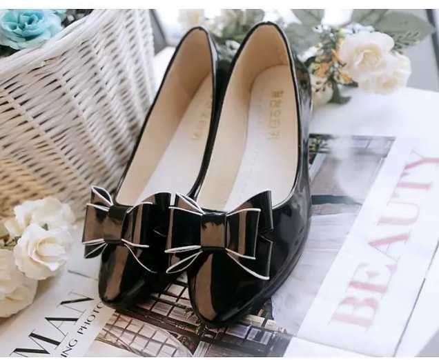 Black Korean Bow Low Heel Shoes