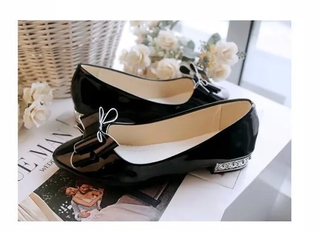 Black Korean Bow Low Heel Shoes