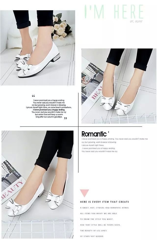 White Korean Bow Low Heel Shoes