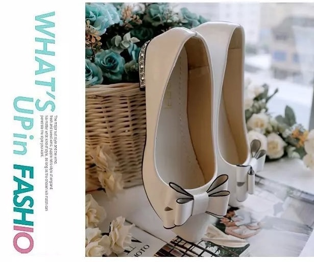 White Korean Bow Low Heel Shoes