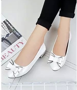 White Korean Bow Low Heel Shoes