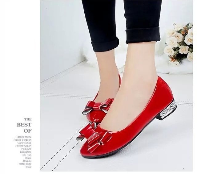 Red Korean Bow Low Heel Shoes