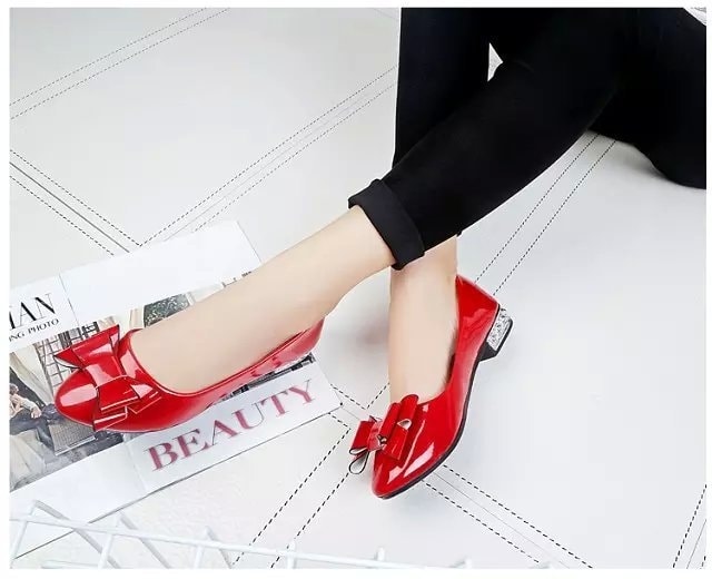 Red Korean Bow Low Heel Shoes